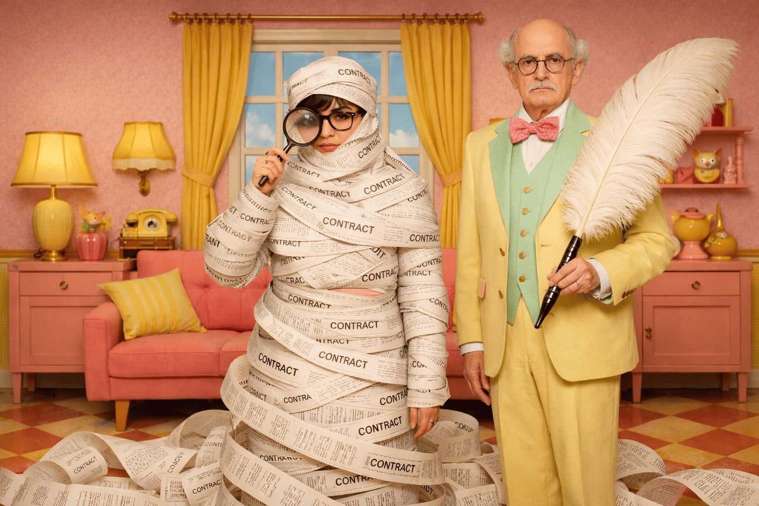 Mujer leyendo un contrato de arrendamiento gigante en Colombia